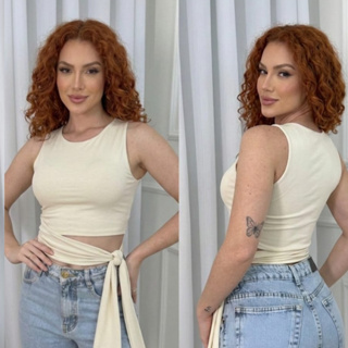 Blusa Cropped Feminino Suplex Forro Duplo Laço Lateral Com Amarração Moda Gringa  Sem manga Fitnes Lançamento em Oferta na Shopee