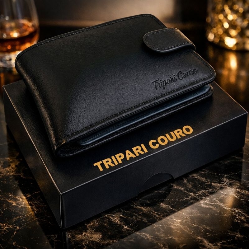 Carteira masculina couro legítimo super completa com fecho de botão couro macio