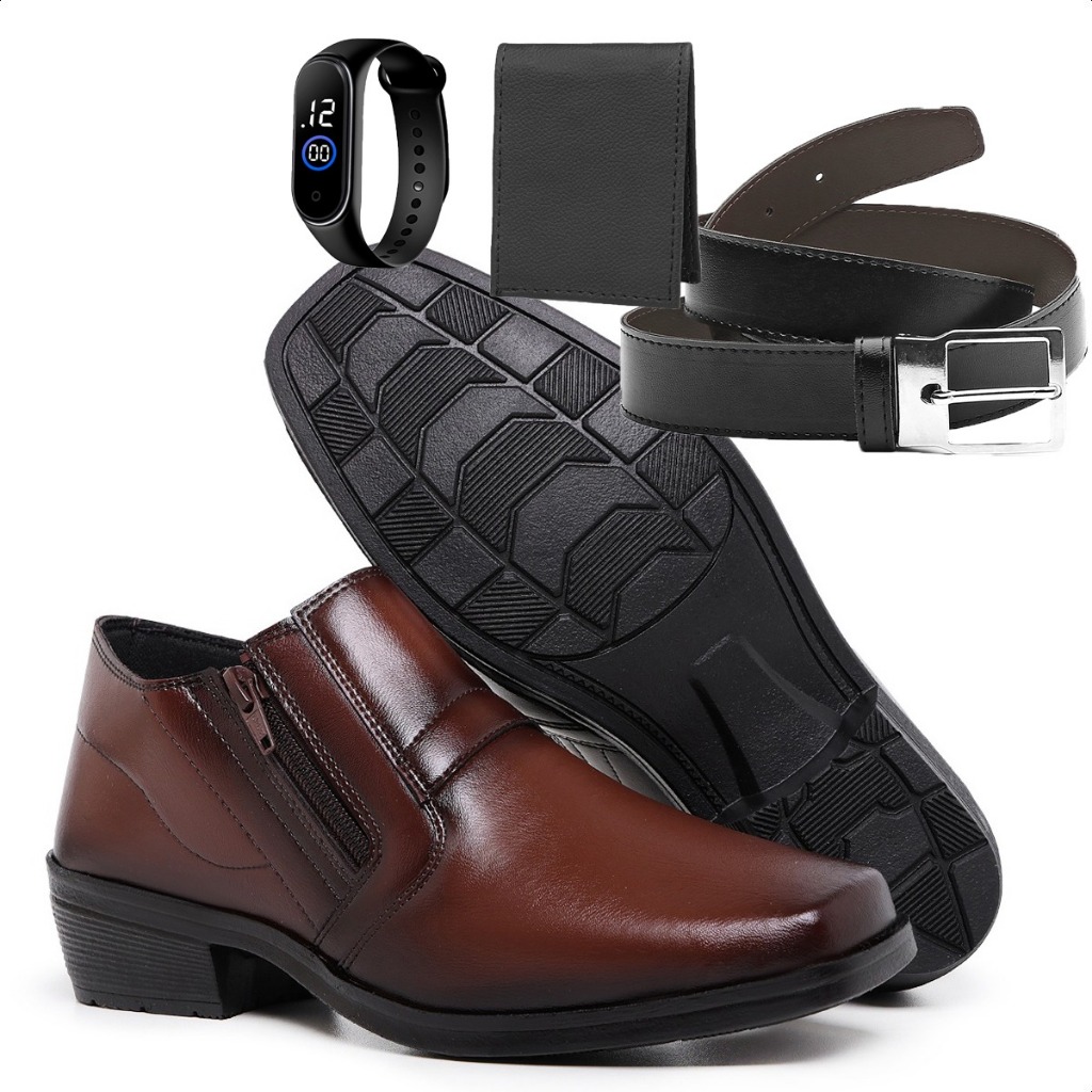 Kit Masculino Elegante 4 em 1 – Sapato Social + Cinto + Carteira + Smartband