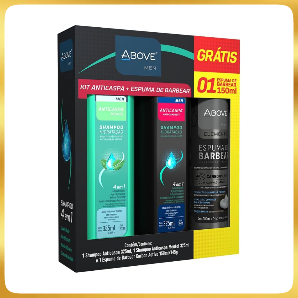 Kit Shampoo Anticaspas Fresh e Mentol 325ml+ Espuma De Barba Carvão 150ml - Above em Oferta na Shopee