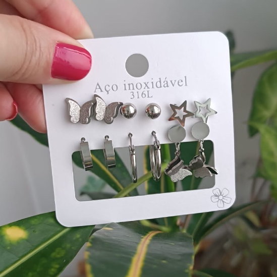 Kit 6 Pares de Brinco Aço Inoxidável Prata | Pares Variados