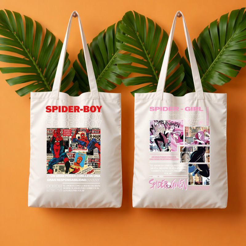 Kit 2 Ecobag Homem-Aranha e Spider-Gwen Bolsa Algodão Cru Marvel Sacola Personalizada Comic HQ Geek Presente Casal
