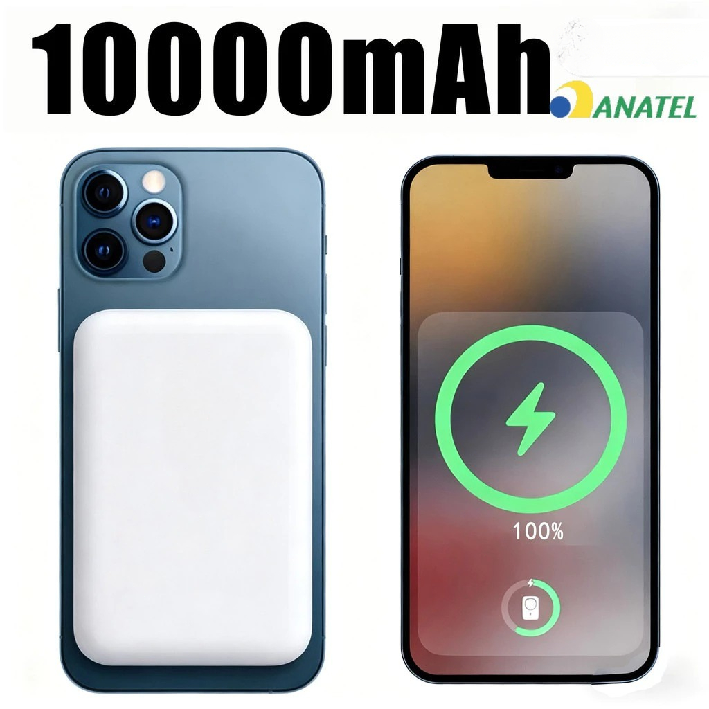 Carregador Portátil Indução Sem Fio Magsafe para iPhone e Android Bateria 3000/5000/10000mAh