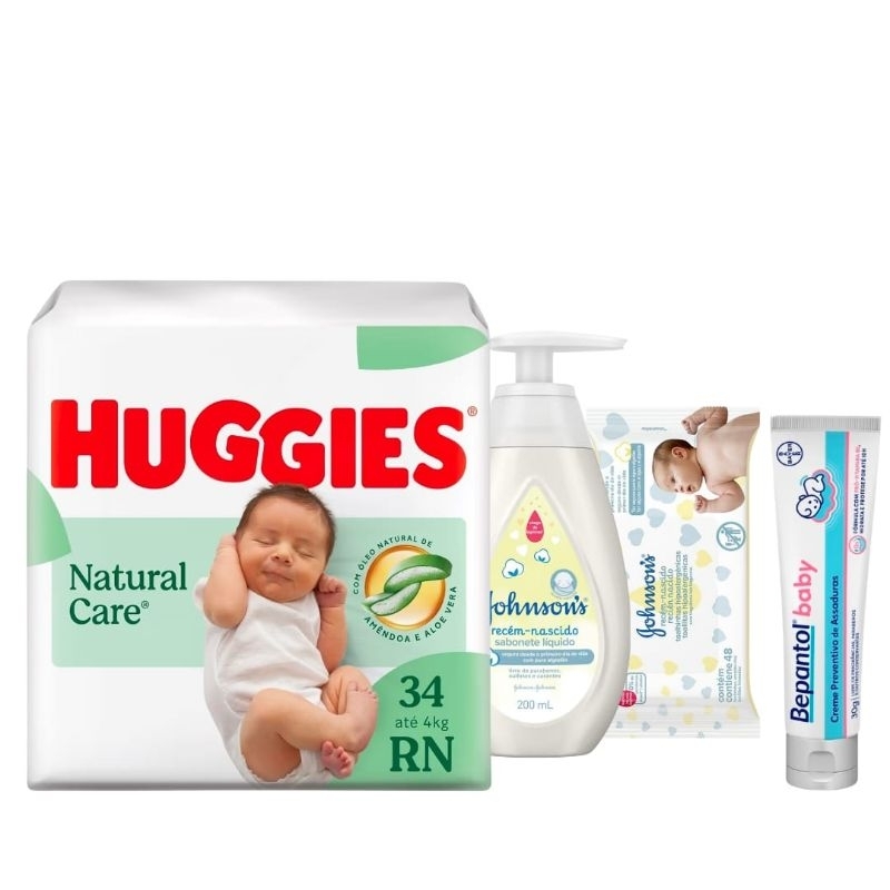 Top Combo Maternidade, Huggies RN 34 un, Sabonete Johnson's 200ml + Lenços Johnson's 48 un + Bepantol 30g