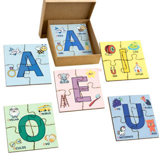 Quebra Cabeça Vogais Infantil em Madeira Educativo Alfabetização 20 Peças MDF Kit 5 quebra cabeças em Oferta na Shopee