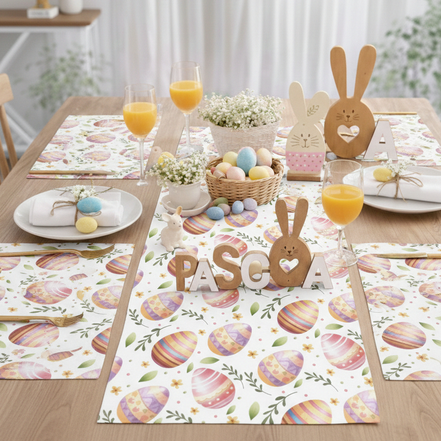 Kit Jogo Americano + Trilho Pascoa 4, 6, 8 lugares Oxford Estampado Lavavel Mesa Posta Decoracao Cozinha pano de prato