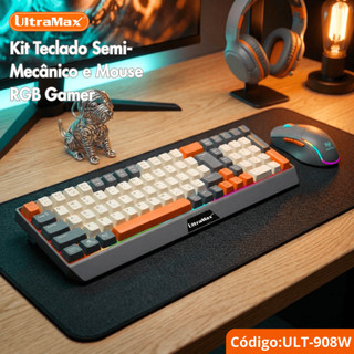 Kit Teclado e Mouse Sem Fio Gamer UltraMax ULT-908W Bluetooth + 2.4GHz RGB Recarregável A…