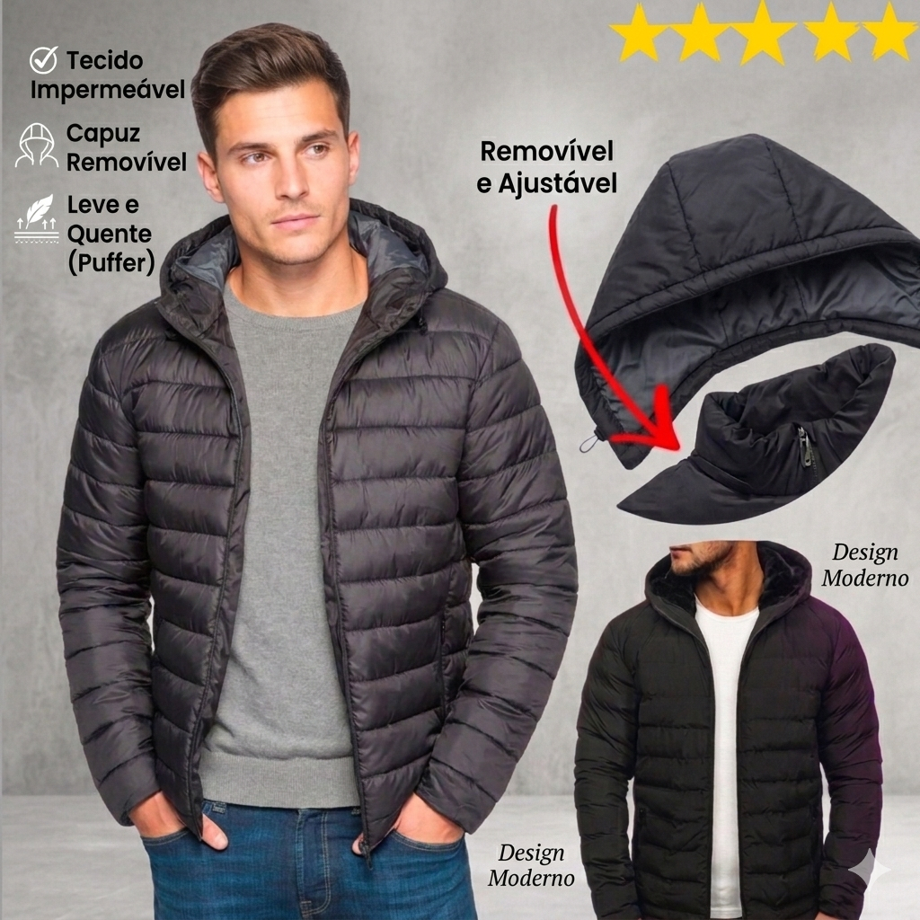 Jaqueta Bobojaco Impermeável Nylon Puffer Masculino com Bolsos e Capuz em Oferta na Shopee