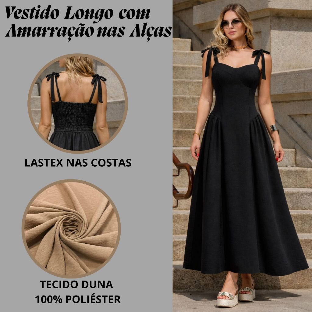 Vestido Feminino Longo com Bojo e Alças Ajustaveis Tecido Duna Lástex nas Costas Moda Verão 2026 em Oferta na Shopee