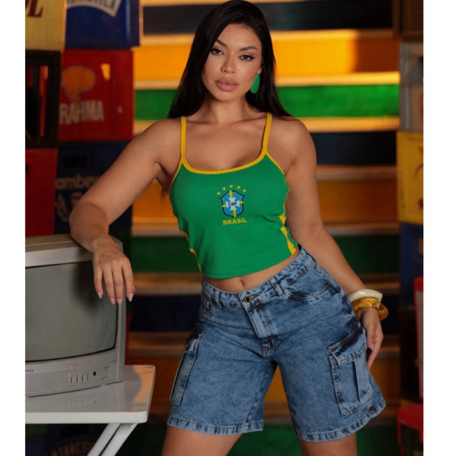 Bermuda Jeans Cargo Feminina Azul Streetwear Meia Coxa