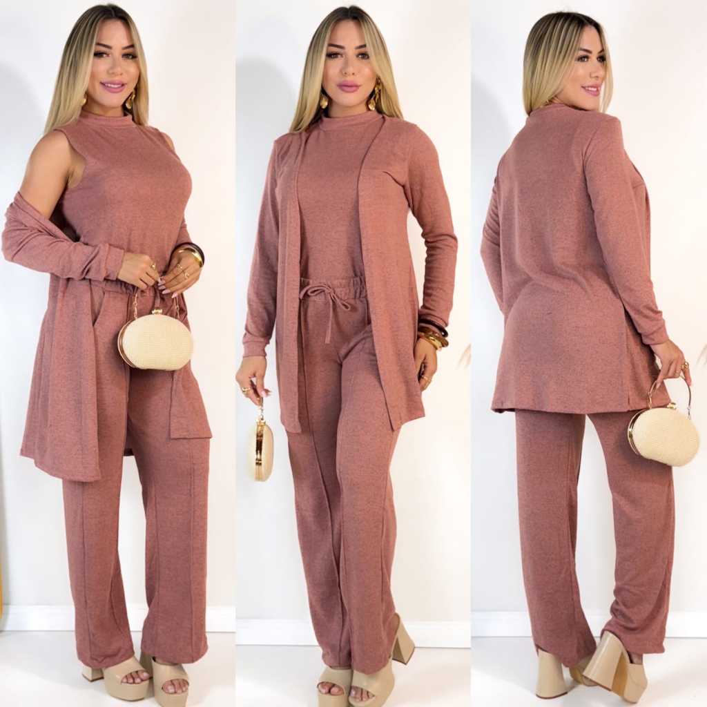 Conjunto Femenino 3 Pieças  Pantalona Tecido Lanzinha
