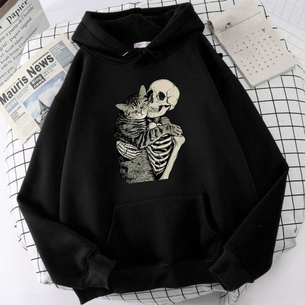 Moletom Feminino Caveira Cat Blusa de Frio com Capuz Estilo Grunge Gótico Alternativo