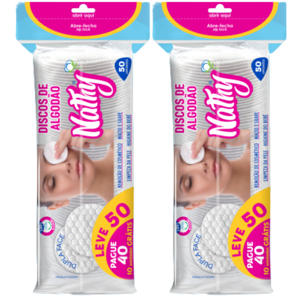 Kit 2 Discos de Algodão Nathy 50un Dupla Face Algodão Hidrófilo Skincare