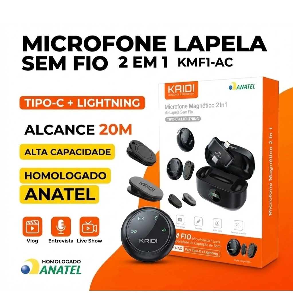 Microfone Profissional de Lapela Kaidi KMF1-AC 2 em 1 IPhone E Tipo-C Com Redução de Ruidos