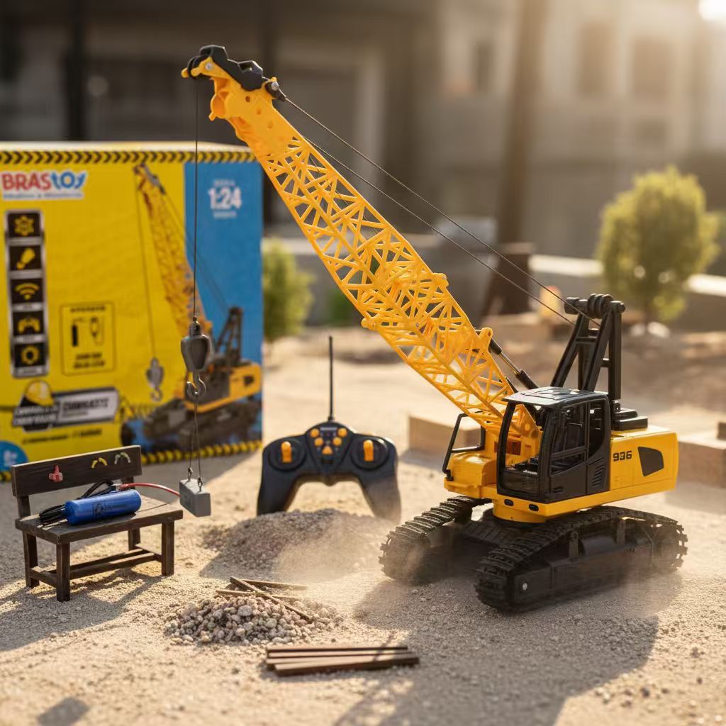 BRASTOY Brinquedo veículo de construção com controle remoto tipo guindaste 11 funções com efeitos sonoros e luminosos