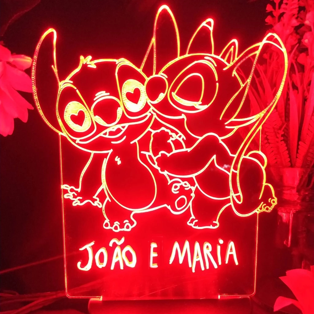 Luminária Stitch Casal Namorados Angel Abajur De Mesa LED Namorada Decoração Presente Dia das Mães