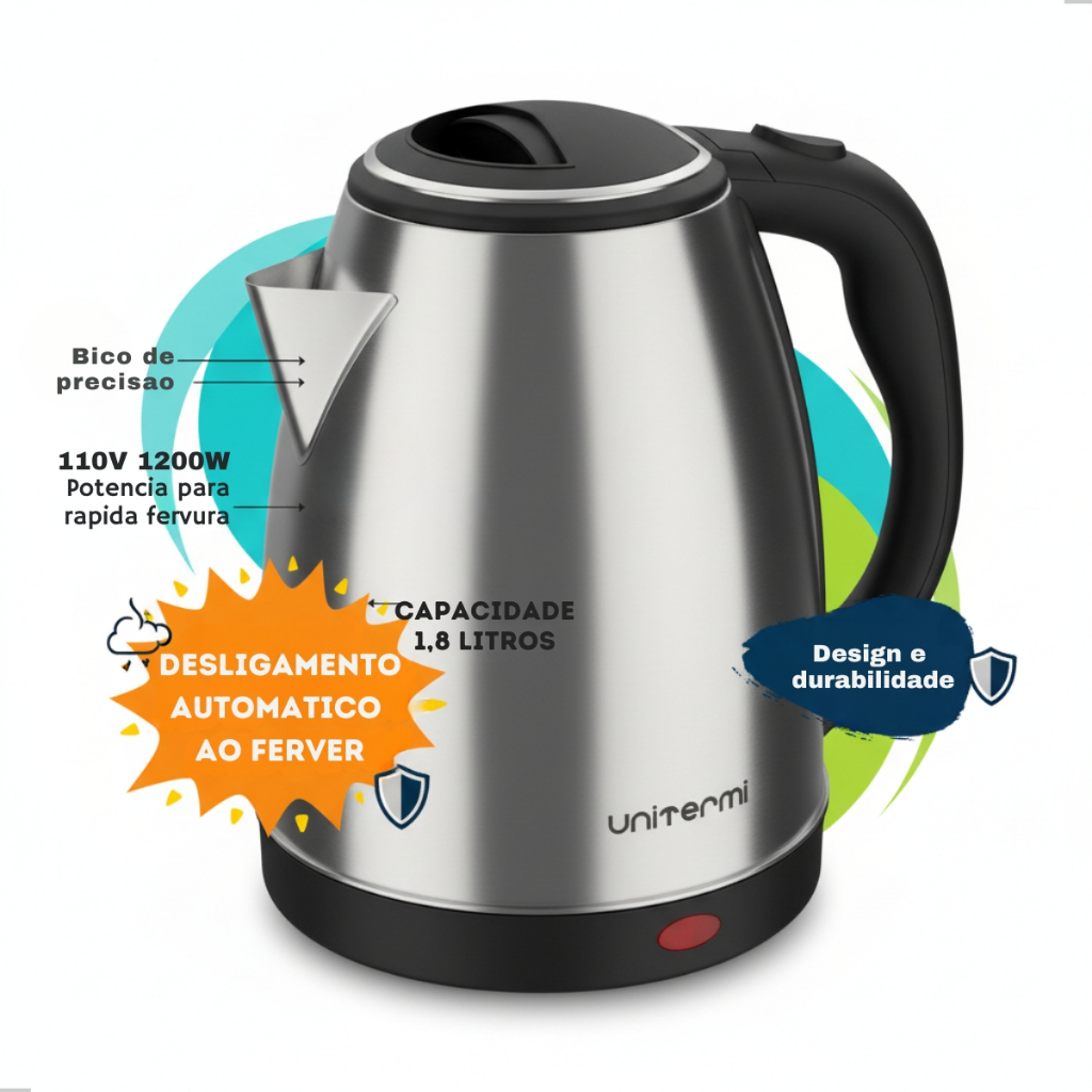 Unitermi Chaleira Elétrica Inox 1.8L - Desligamento Automático - Ferve Rápido Água P/ Café Chá!