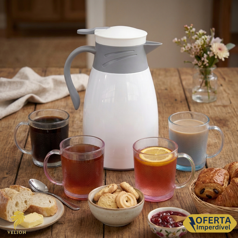 Kit Garrafa Térmica 1 Litro Victoria Conjunto + 4 Canecas de Vidro 190ml Café Chá Cozinha Escritório