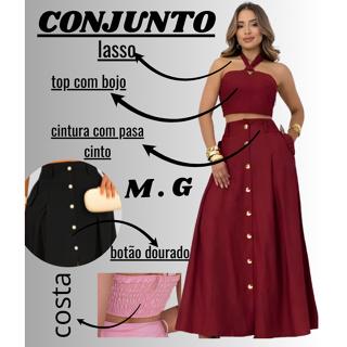 Conjunto Feminino ~Saia Longa A c/ fechamento botão dourados bolso funcionais e top c/ Bojo gola de lasso costas elastes em Oferta na Shopee