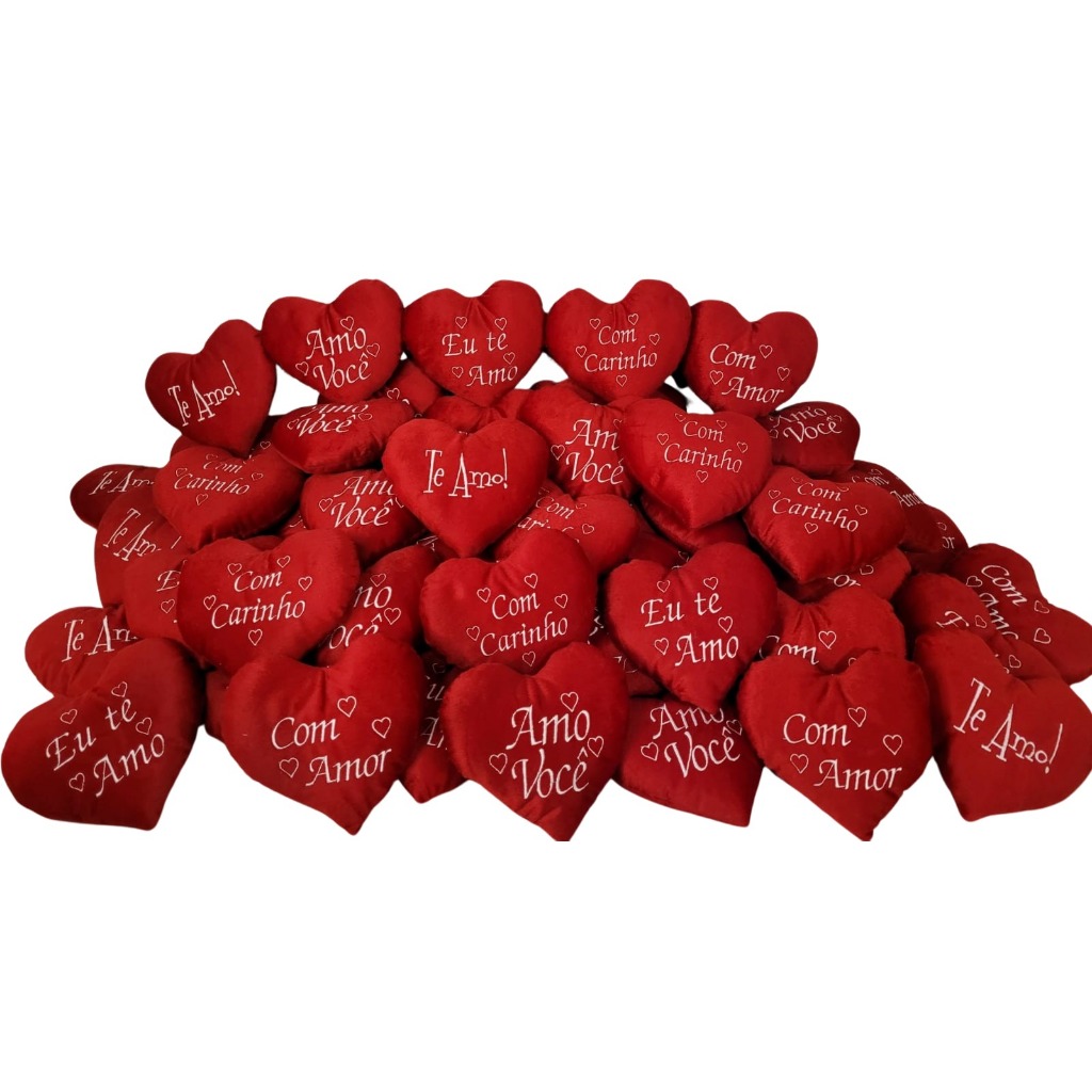 kit Coração Pelúcia com Frases Variadas com 10 Coração Bordado Cestas