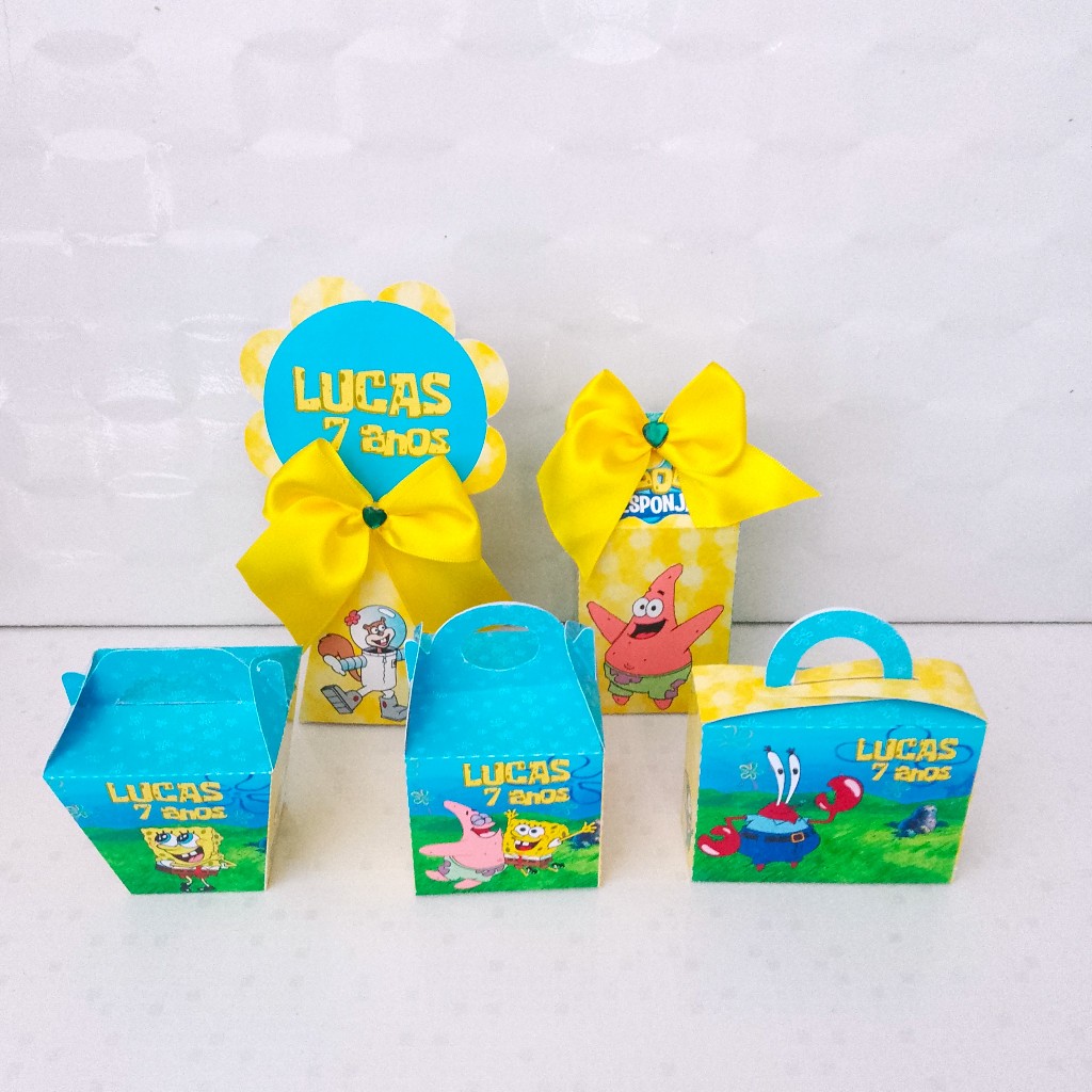 Kit Festa Bob Esponja Luxo Personalizado PEGUE E MONTE | Lembrancinhas em Caixinhas para Aniversário Infantil