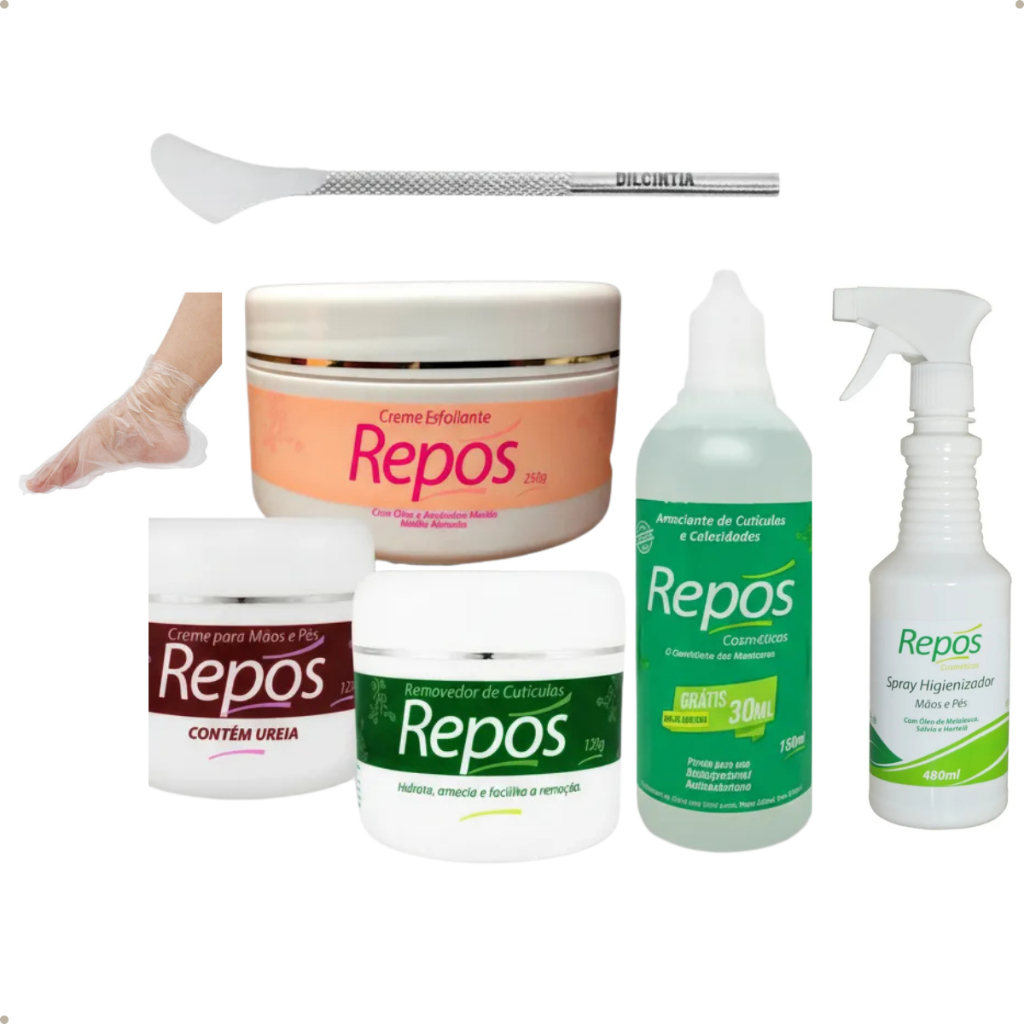 Kit Spa Dos Pés Repós Amaciante + Uréia + Esfoliante + Removedor + Espátula Calosidade + Botas + Spray Higienizador