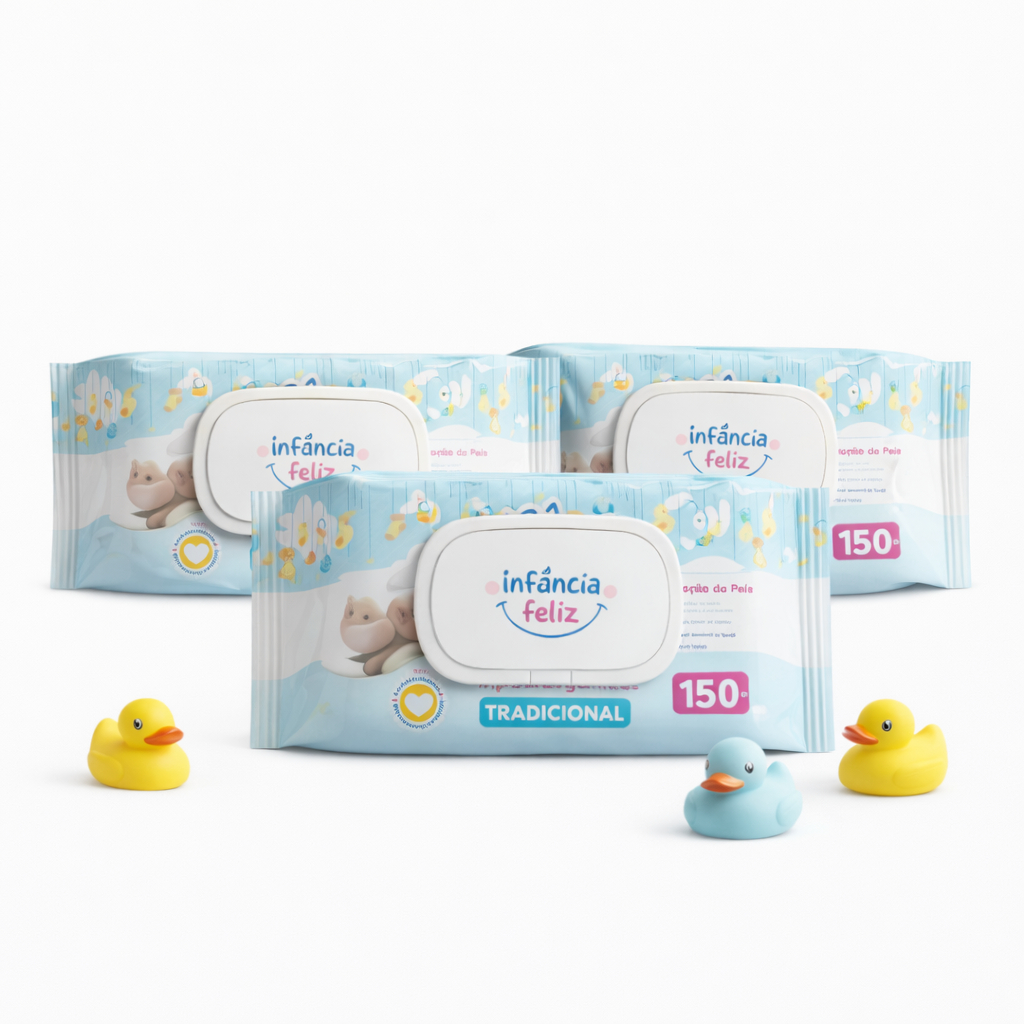 Kit 3 Toalhas Umedecidas Infância Feliz 150 Folhas 98% Água com Tampa