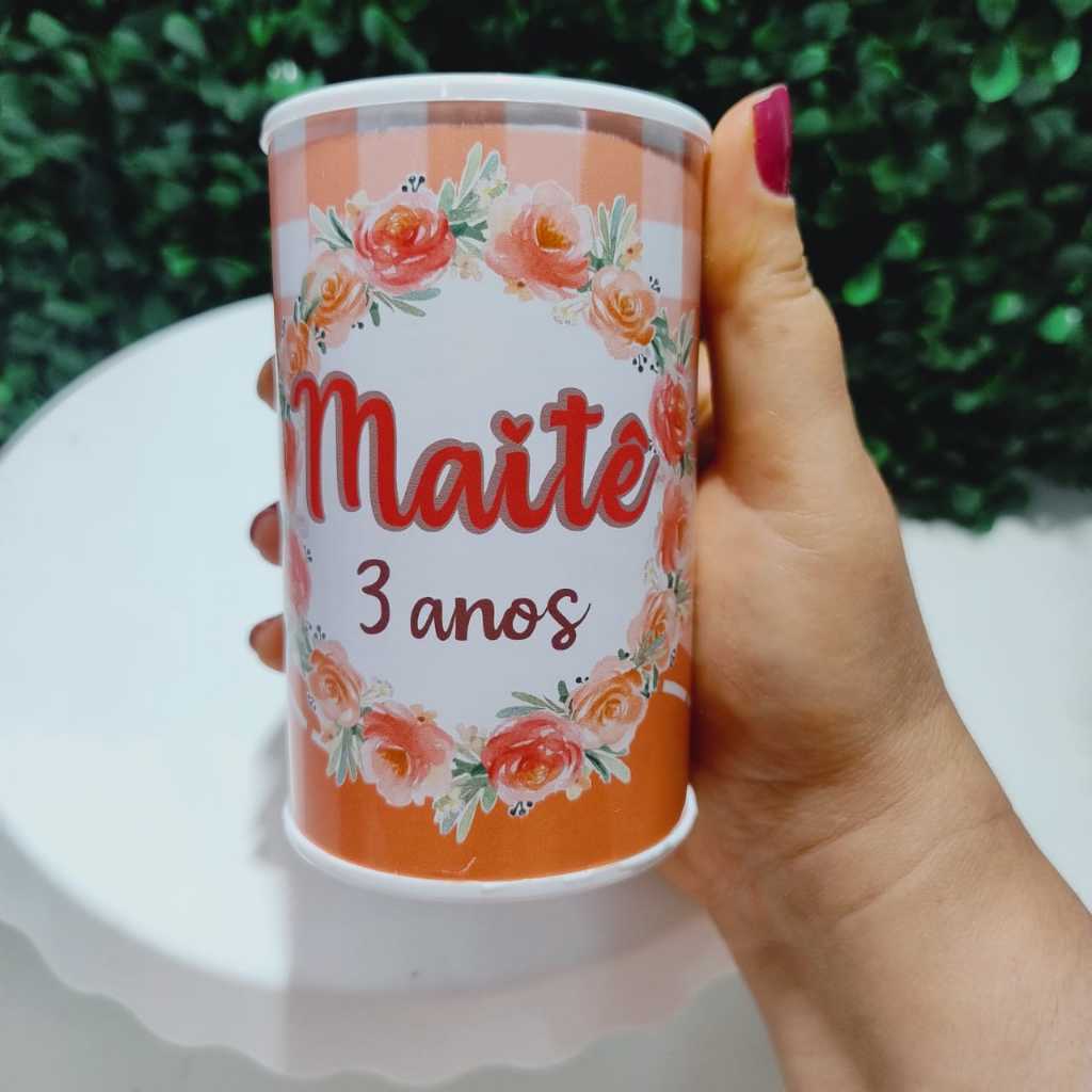 Lembrancinha Personalizada Festa Flores Coral – Cofrinho Personalizado com Nome e Idade | Lembrança Aniversário Infantil
