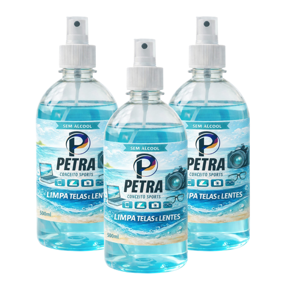 Kit 3 Limpa Telas Petra 500ml – Limpa Lentes, Celulares e Óculos | Brilho, Proteção e Alta Eficiência