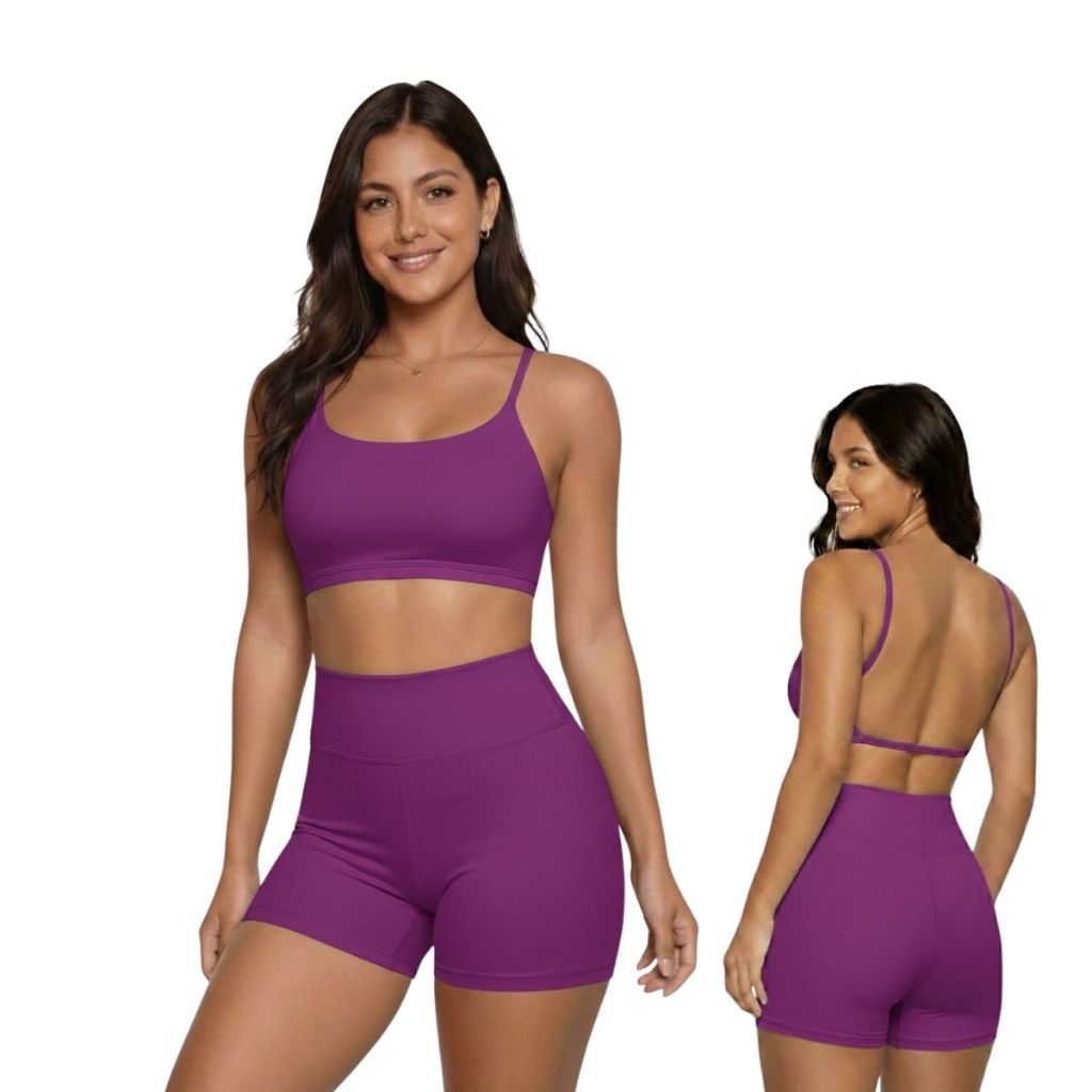 Conjunto Short e Top Costas Nua Academia Fitness de Poliamida Cintura Alta em Oferta na Shopee