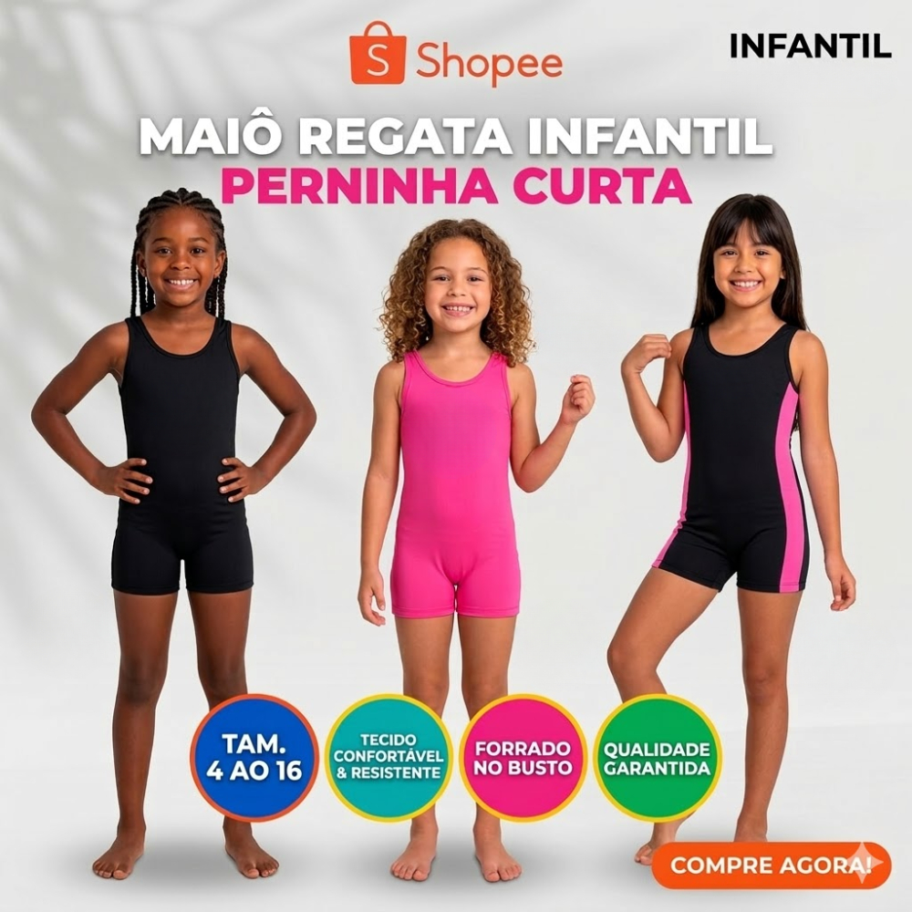 Maiô Infantil Feminino Macaquinho Juvenil Para Natação e Hidroginástica em Suplex + Touca Proteção UV50+ do 4 ao 16