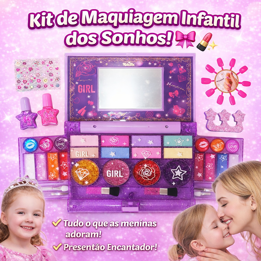 Estojo de Maquiagem Infantil com Espelho–Kit Beleza Menina com Sombra,Brilho Labial, Esmalte e Unhas