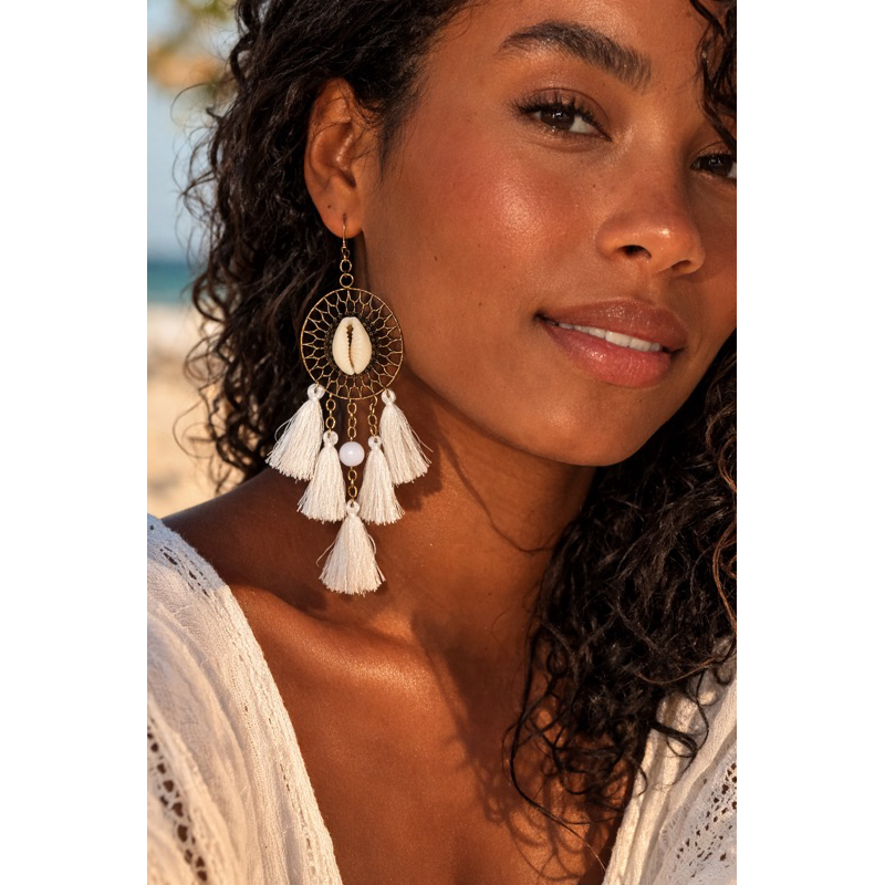 Brincos feminino búzio natural tassel mandala ouro velho