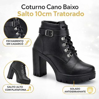 Coturno Feminino Salto Bloco 10cm Sola Tratorada Confortável Cano Curto Promoção Moda Casual