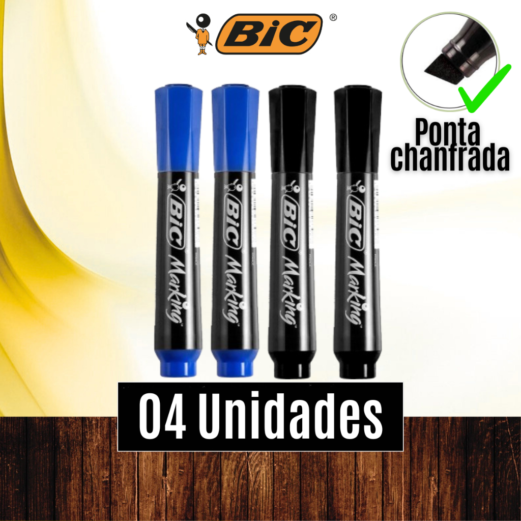 Pct 04 Unds Pincéis Marking BIC Azul e preto caneta pincel atômico permanente e marcador - BIC