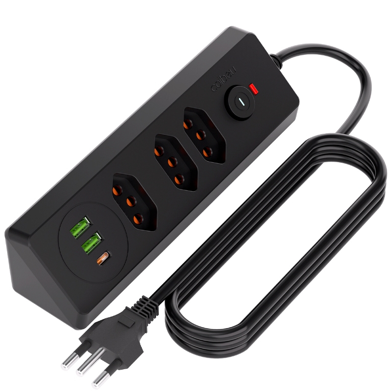COIBEU Régua de Tomadas 4000W com USB (2 Portas) e Type-C, Cabo 1,8m Preto e Branco