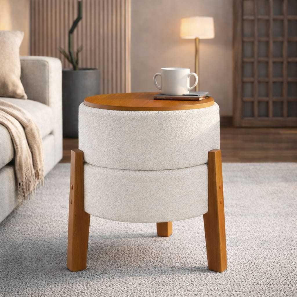 Puff Mesa Versa Redondo Decorativo com Pés em Madeira Mesinha 2 em 1 Tecido Boucle Multiuso - Loja Nosso Canto