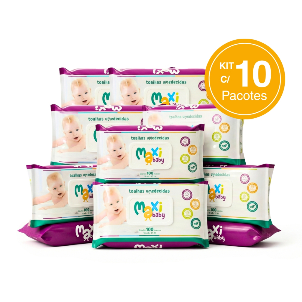 Kit com 10 Toalhas Lenços Umedecidos Hipoalergênico 100un Cada Maxi Baby