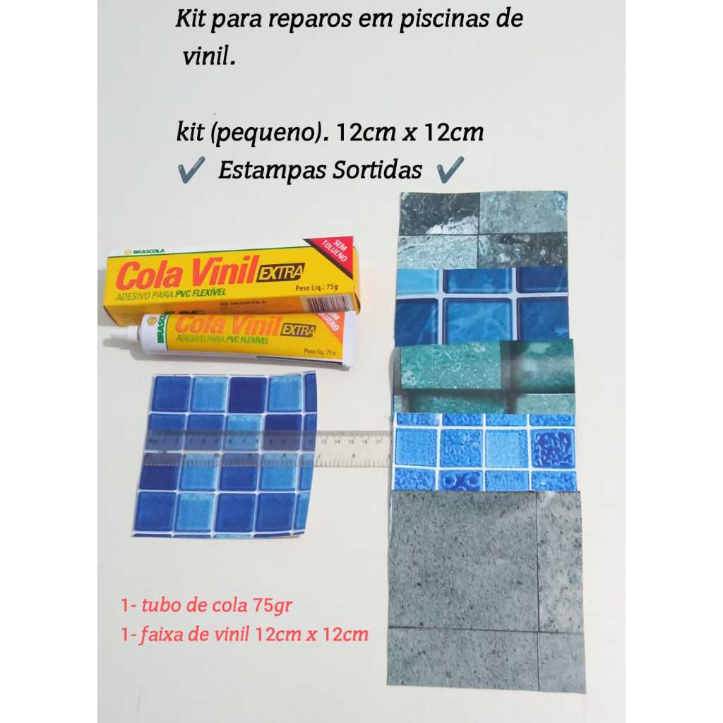 Reparos Para Piscinas Kit Cola Vinil mais Tira Vinil Para Reposição Vinil 12cm x 12cm + 1 Tubo de Cola