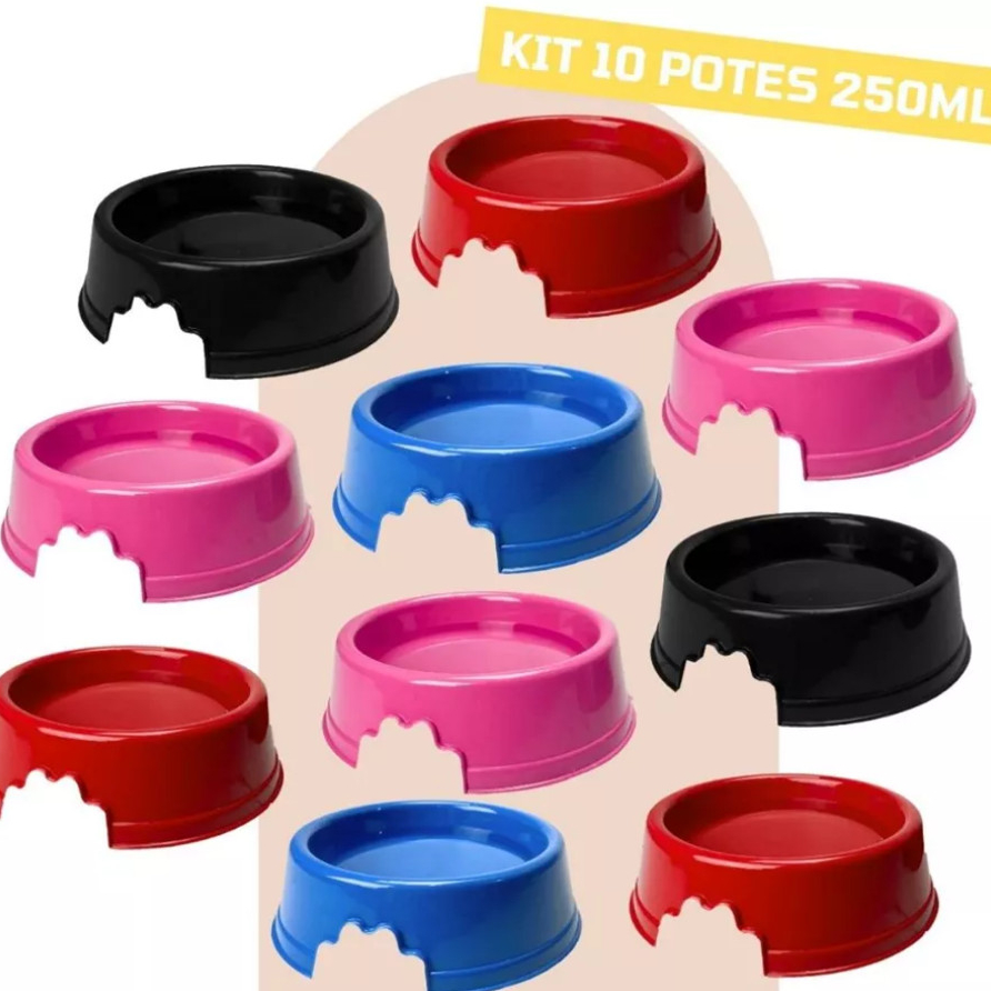 Kit 10 Comedouro Bebedouro Pet 250ml Pote para Ração Água Cachorro Gato Plástico Resistente