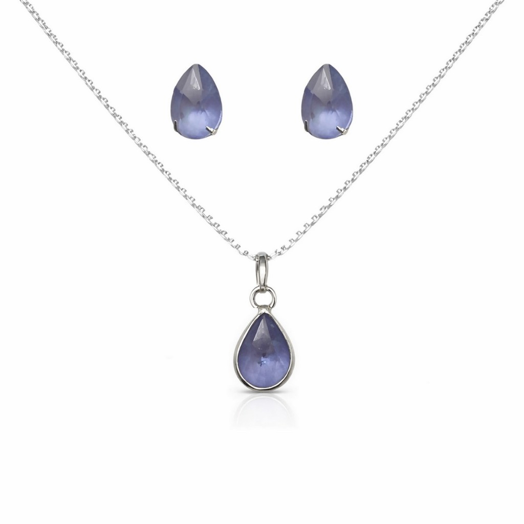 Conjunto de Colar e Brincos em Prata 925 com Pingente Gota Lilás Leitoso