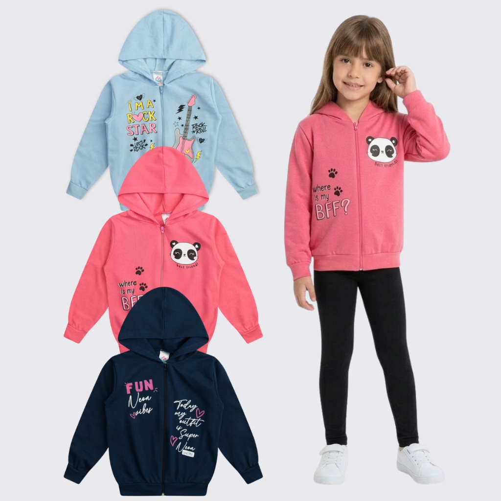3 Jaquetas Moletom Menina Infantil Juvenil Feminino Ziper Inverno