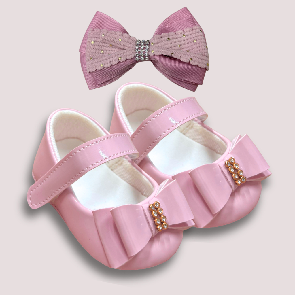 Kit Sapatinho Bebê Menina Rosa Modelo Boneca + Faixa Laço Meia Seda Sapato Recém Nascido 0-12 Meses