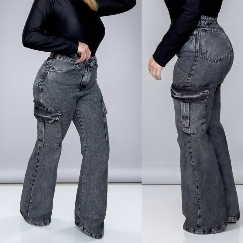 Calça Wide Leg Cargo Jeans Pantalona Feminina Cintura Alta Moda