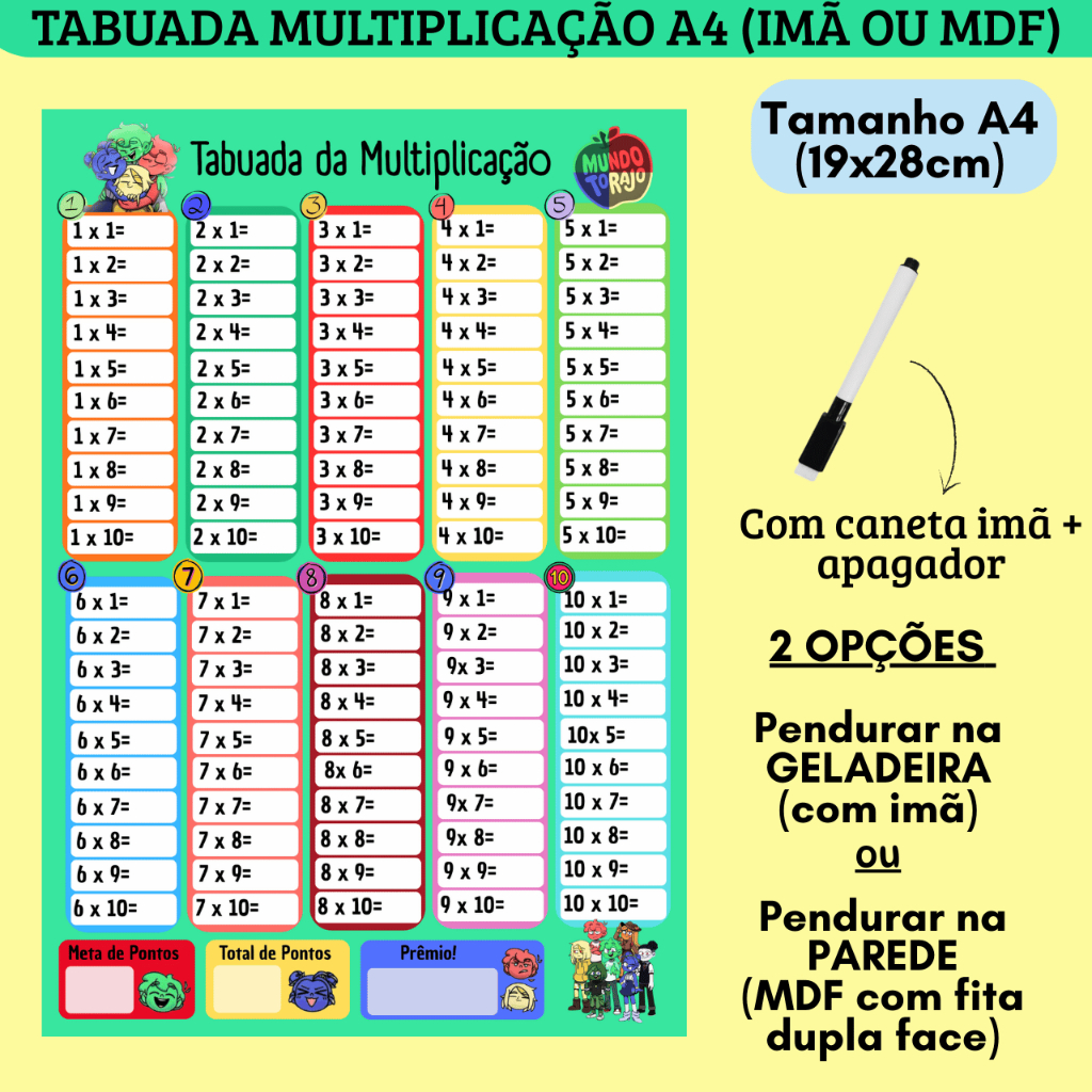Tabuada Multiplicação IMÃ ou MDF Mundo Torajo A4 19x28cm + Caneta apagador imã (Combo Quadro Rotina Tarefas Imã MDF)