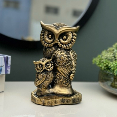 Estátua Coruja Com Filhote Decoração Sala Escritório Cor Envelhecido