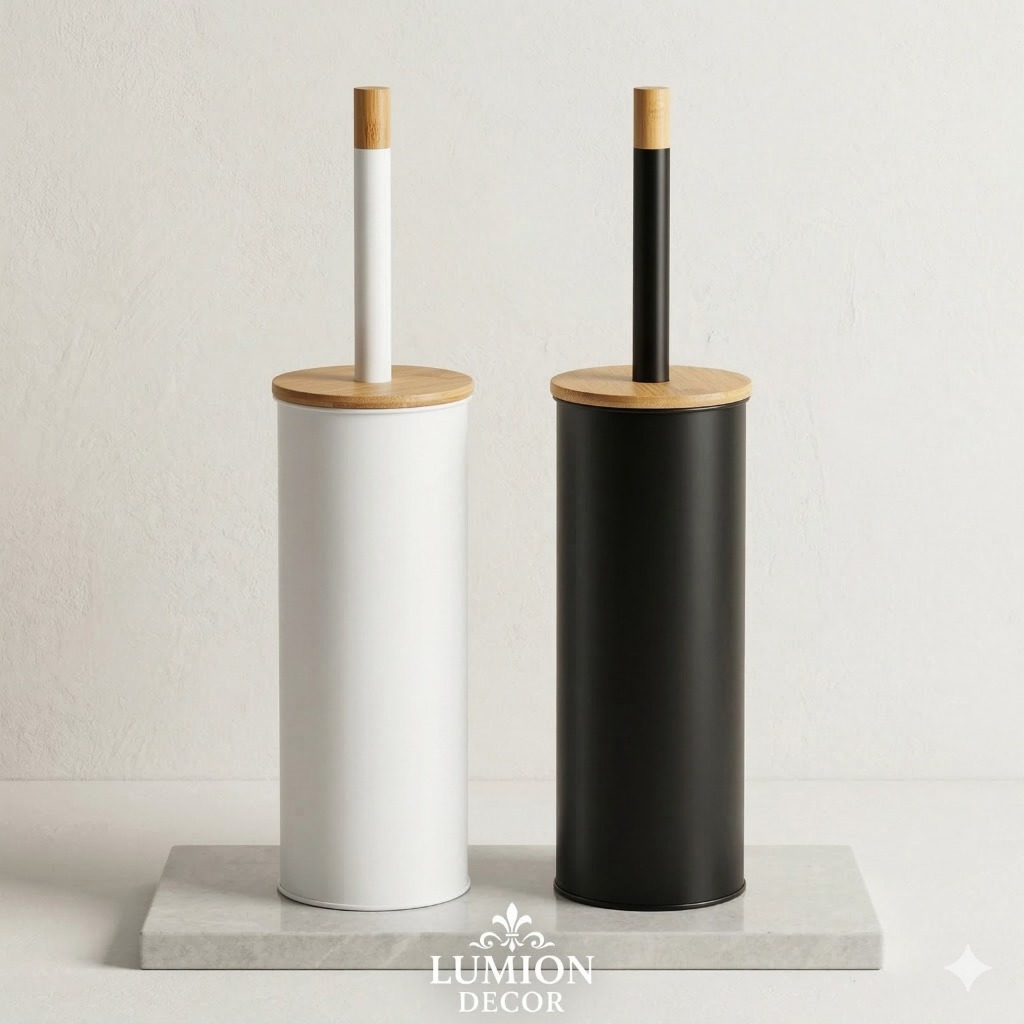 Escova Sanitária Luxo Moderna Com Suporte Tampa Bambu Cabo Bambu Metal Limpeza Vaso Banheiro