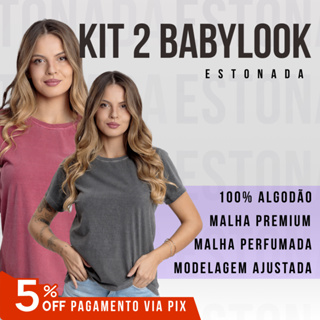 Kit 2 Babylook Feminina Estonada Blusa Manga Curta Casual Confortável Camiseta Dia a Dia em Oferta na Shopee