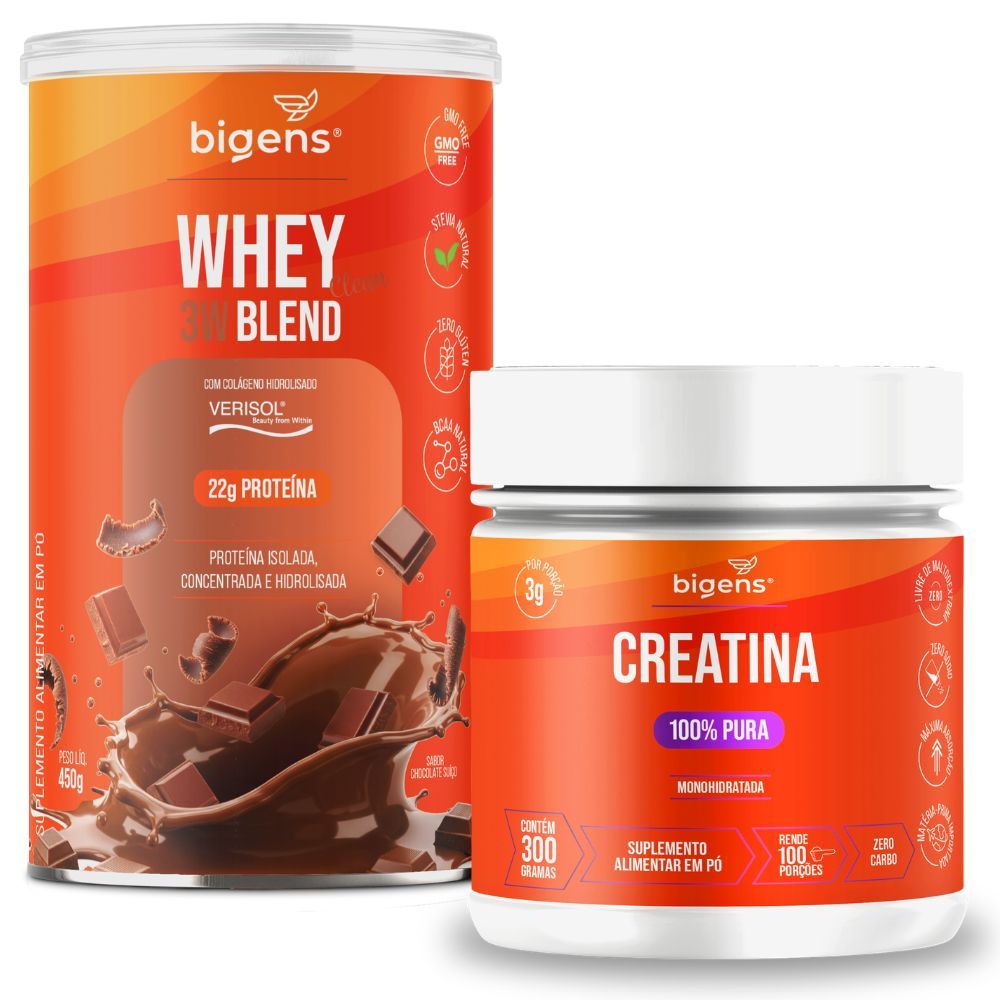 Kit Perfomance Creatina Monohidratada 100% Pura + Whey Protein 3W Blend 450g Chocolate Suíço - Bigens