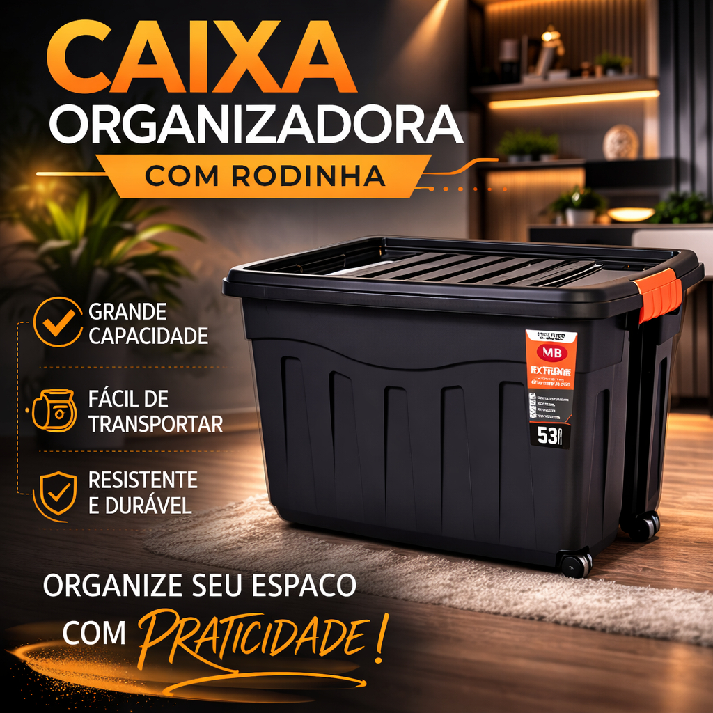 Caixa Organizadora Com Rodinha 53L Multiuso Resistente Com Tampa